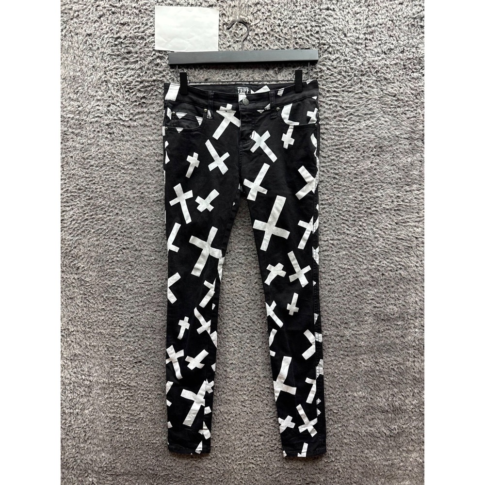 Tripp NYC Daang Goodman Cross All Over Print Gothic Skinny Jeans Black Size 3/26